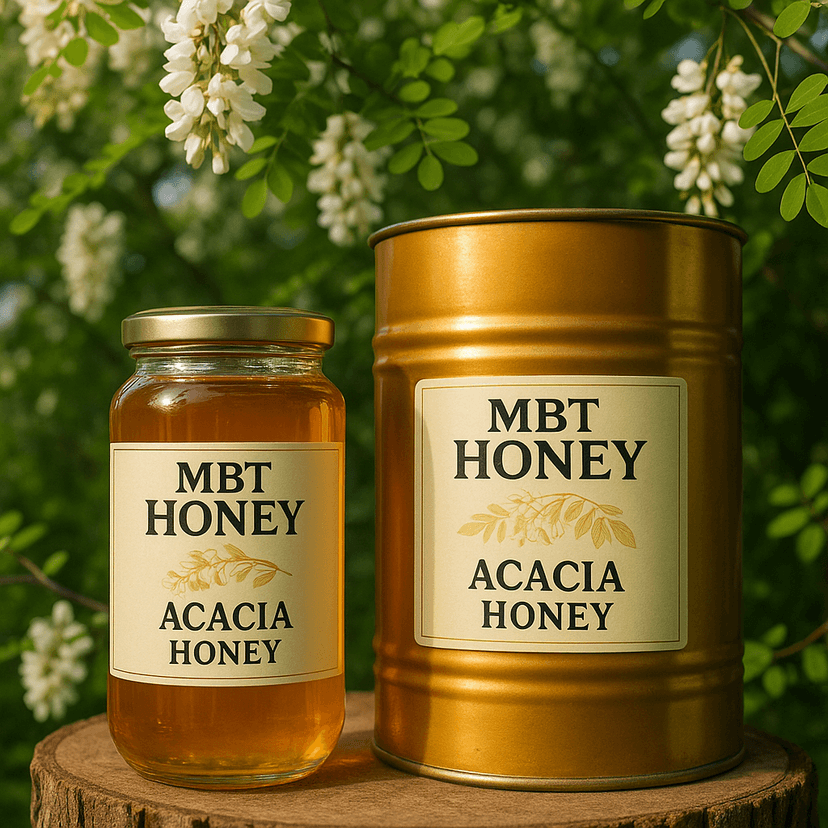 Acacia honey jar with white acacia blossoms.