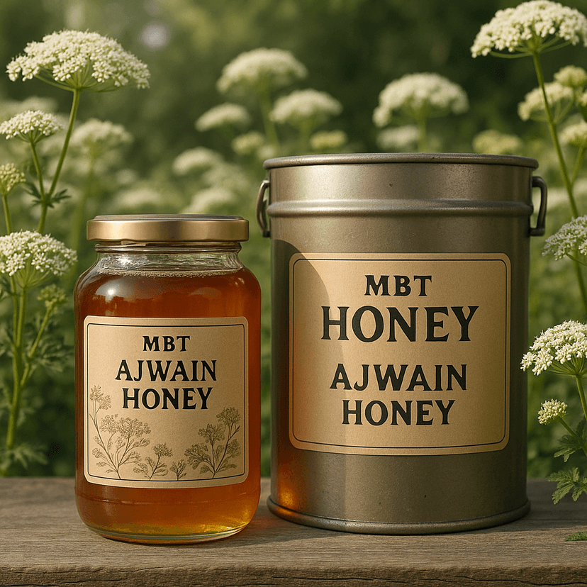 Ajwain honey jar beside ajwain seeds and white flowers.