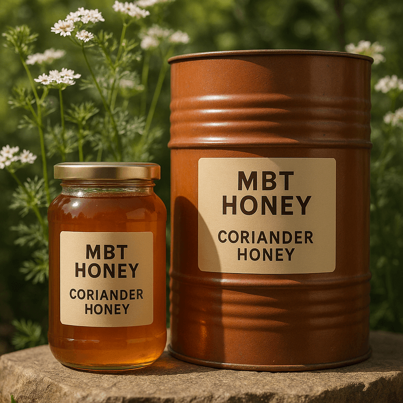 Coriander honey jar surrounded by coriander seeds and flowers.