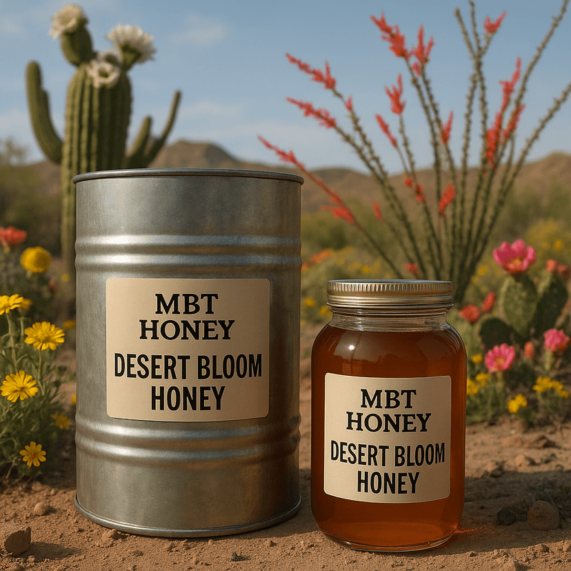 Desert blossom honey on sand with wildflowers.