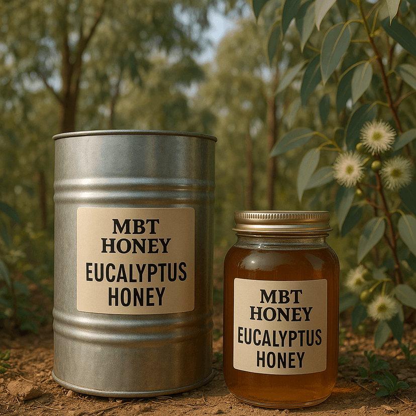 Eucalyptus honey jar with leaves and white blossoms.