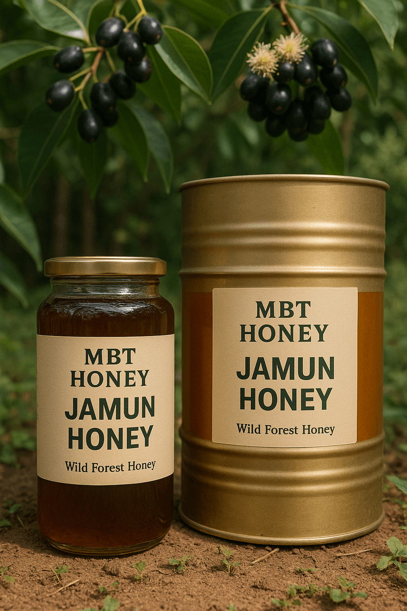Jamun honey jar beside ripe jamun fruits and green leaves.