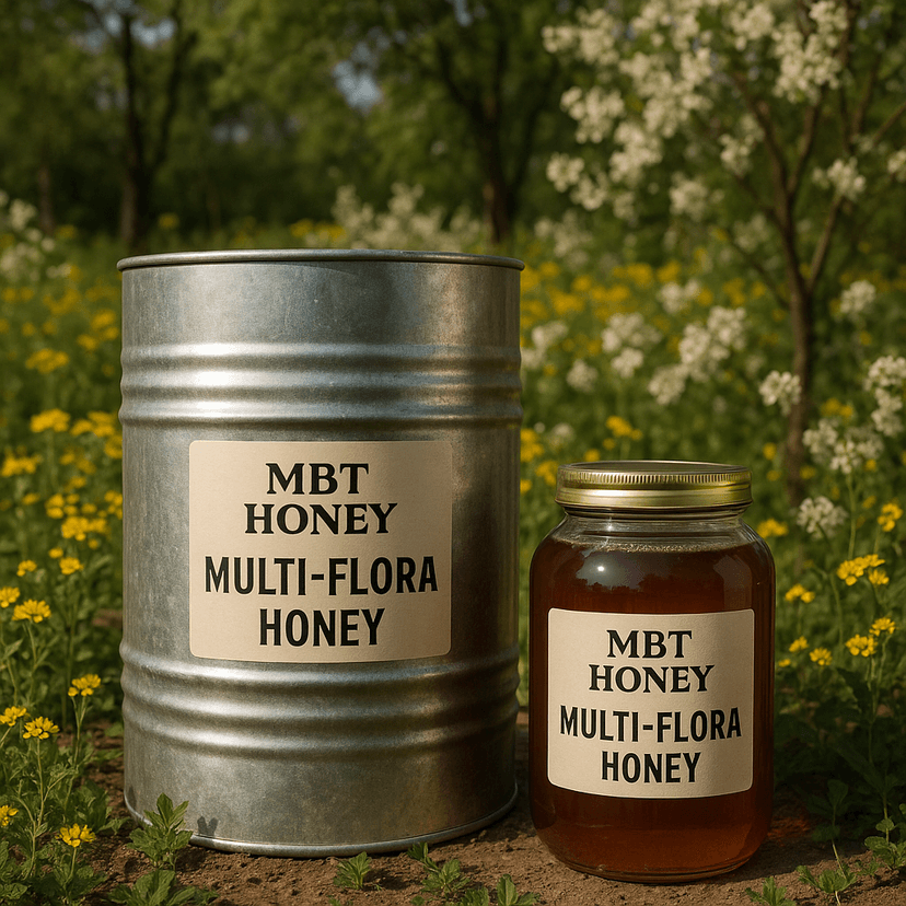 Multiflower honey jar surrounded by colorful wildflowers.