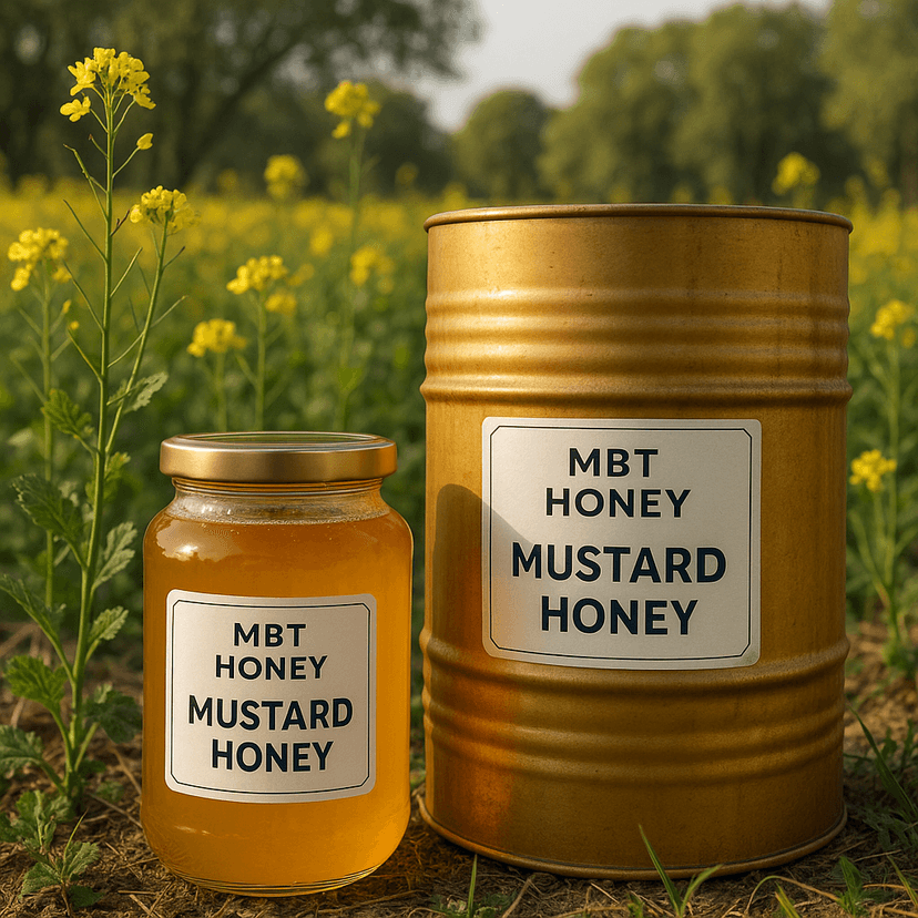 Mustard honey jar next to yellow mustard flowers.