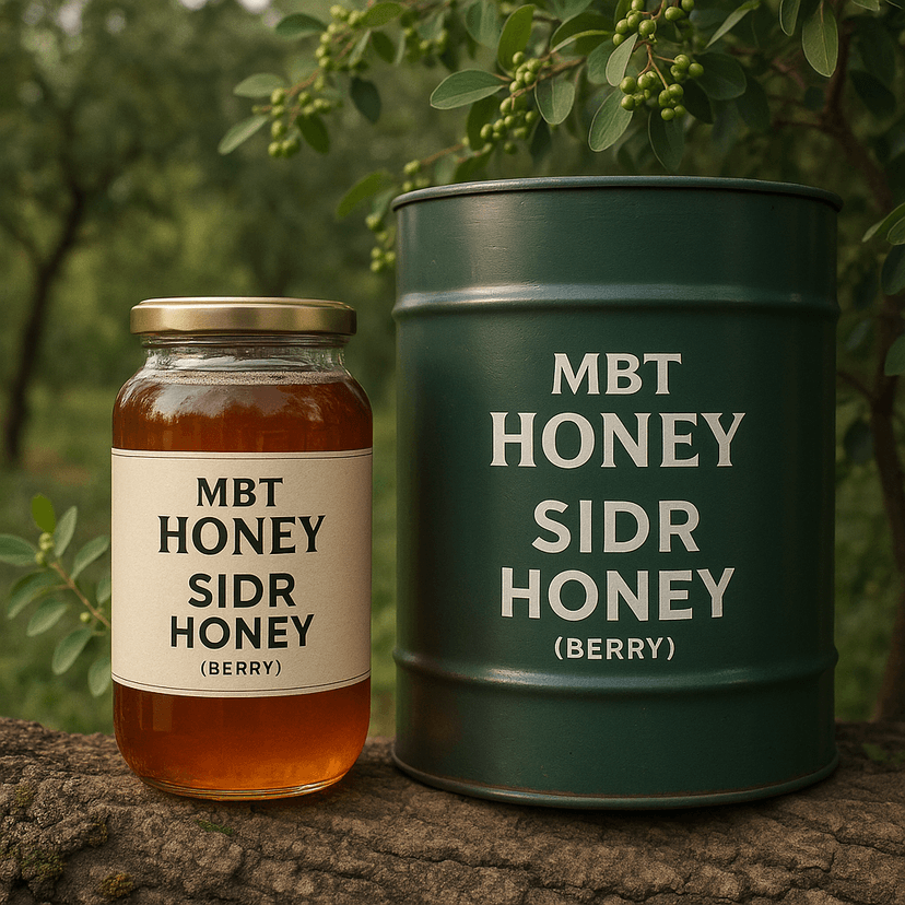 Sidr honey jar with tree branches and jujube fruits.