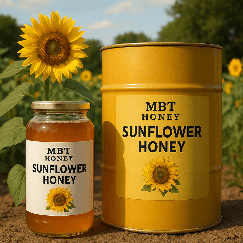 Sunflower honey jar in sunlight with sunflower heads.