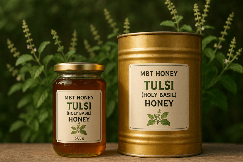 Tulsi honey jar with holy basil leaves and purple flowers.