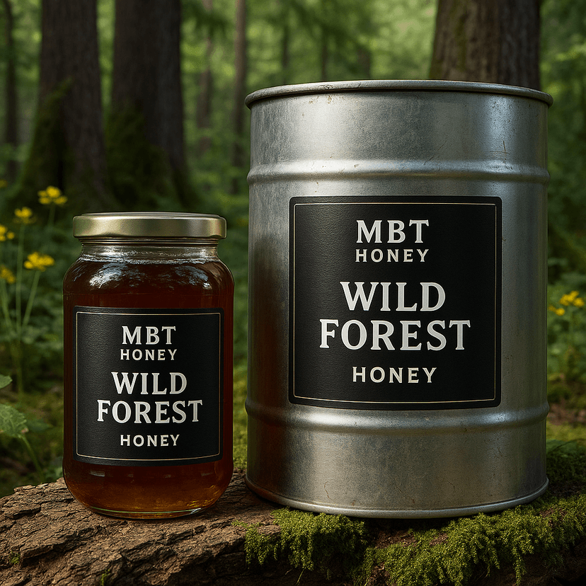 Wild forest honey jar surrounded by dense foliage and wildflowers.