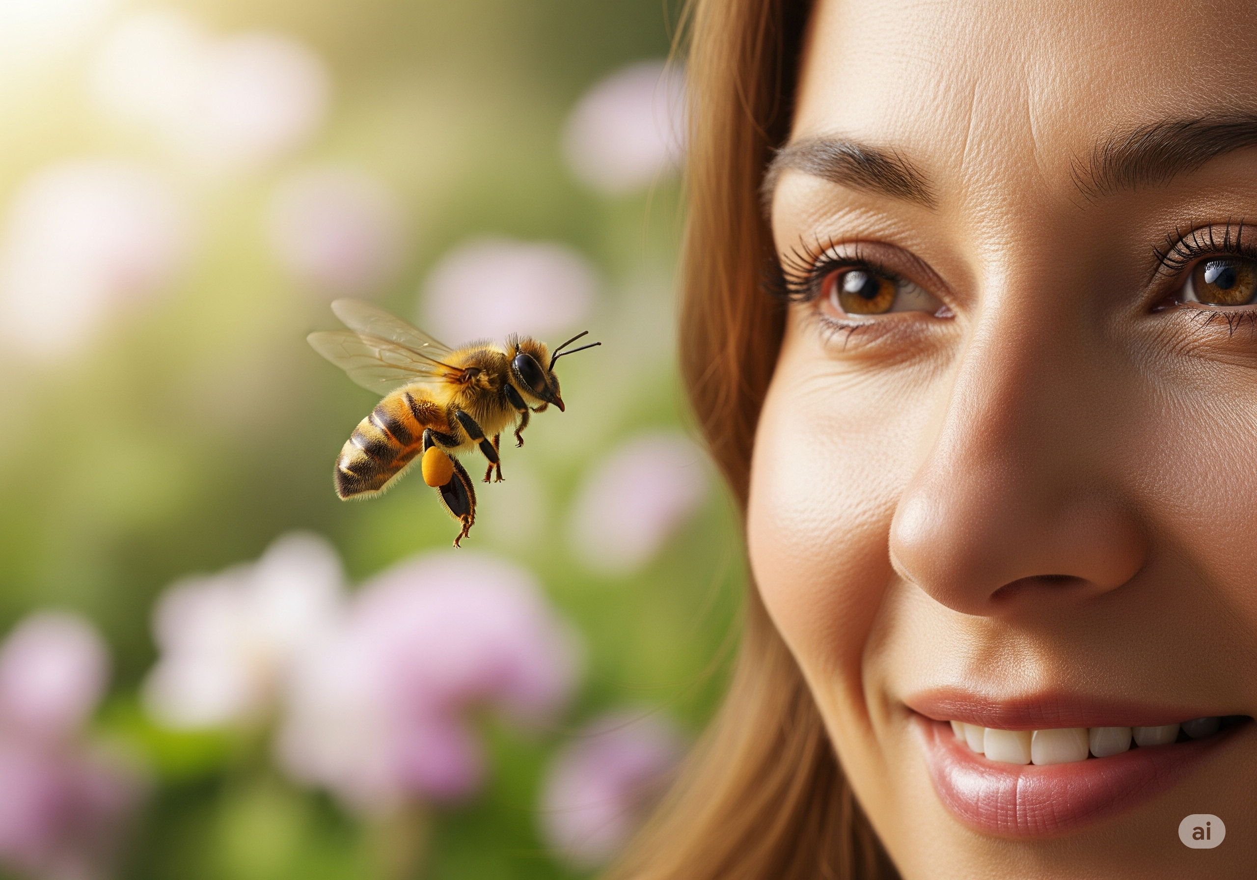 A person's face from a bee's perspective